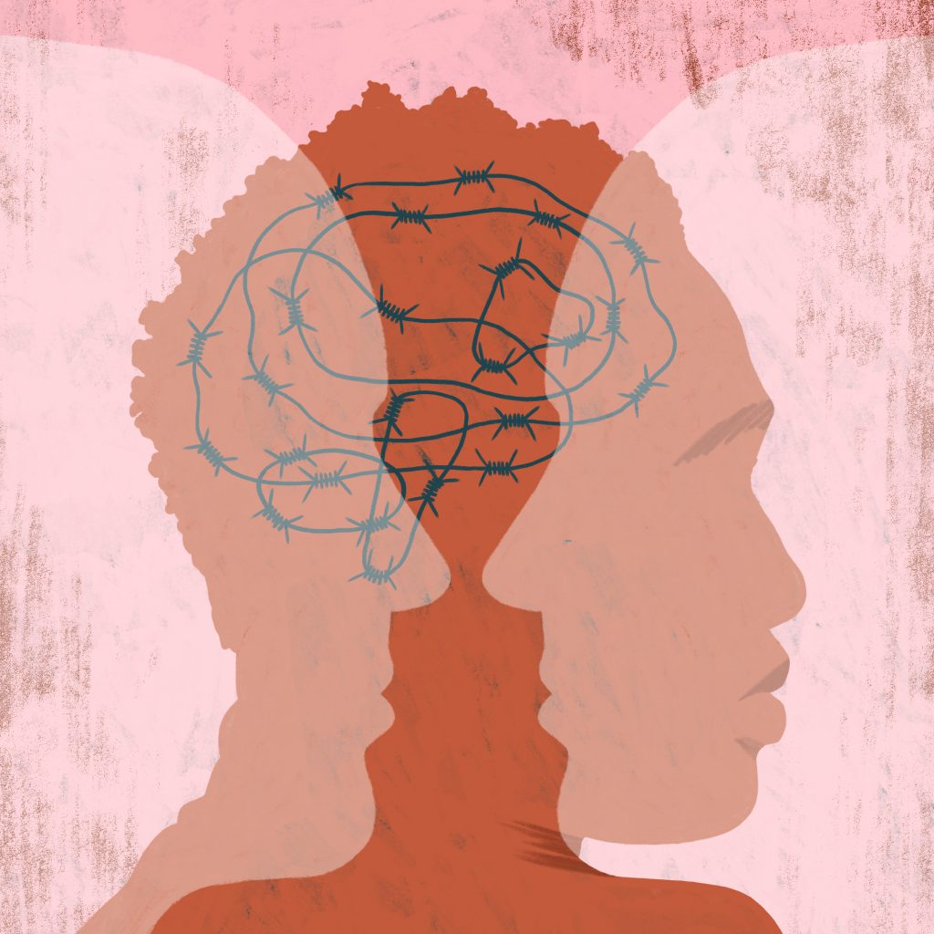 An orange silhouette of a man with short, curly hair facing right overlays a pink background. The race of the man is ambiguous. Inside the man’s silhouette, barbed wire is twisted into the shape of a brain. Overlaying this silhouette are two other side profile silhouettes, which are transparent and facing each other, coloured a lighter pink than the background. 