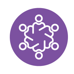Purple circle with a white image of six figures forming a circle together.