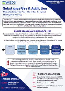 “Substance use & addiction ” fact sheet page from the Wellington Guelph Drug Strategy with dark and light blue background shapes and fonts and infographic elements.